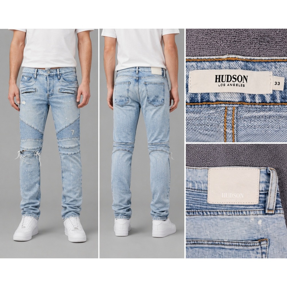 Hudson Blinder V2 Biker Jeans‎ Mens 33 (34) Light Wash Distressed Moto Skinny